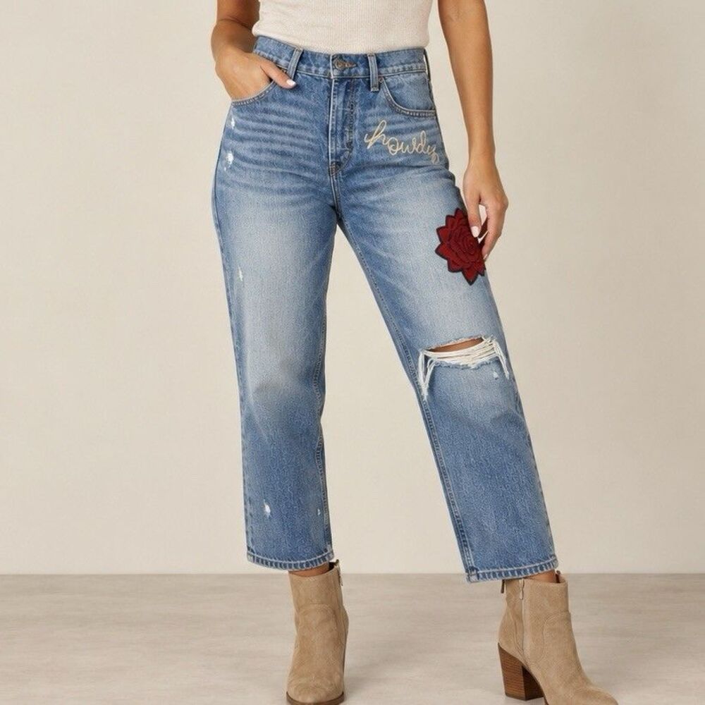 Ariat x Rodeo Quincy Women 29R Tomboy Straight Jeans Rose Howdy Distressed
